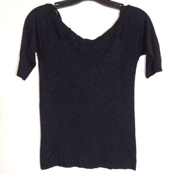 Takezo Designer Off the Shoulder Short Sleeve Viscose Blend Thin Sweater Black - Picture 10 of 13